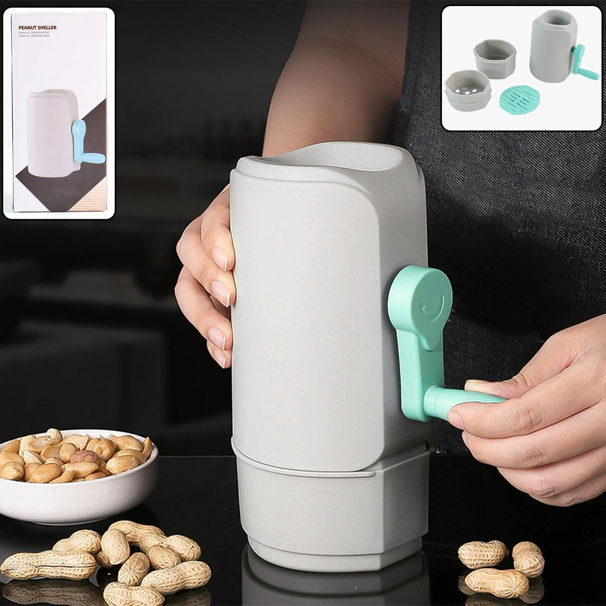 Manual hand-crank peanut sheller machine with a transparent collection tray. Main image