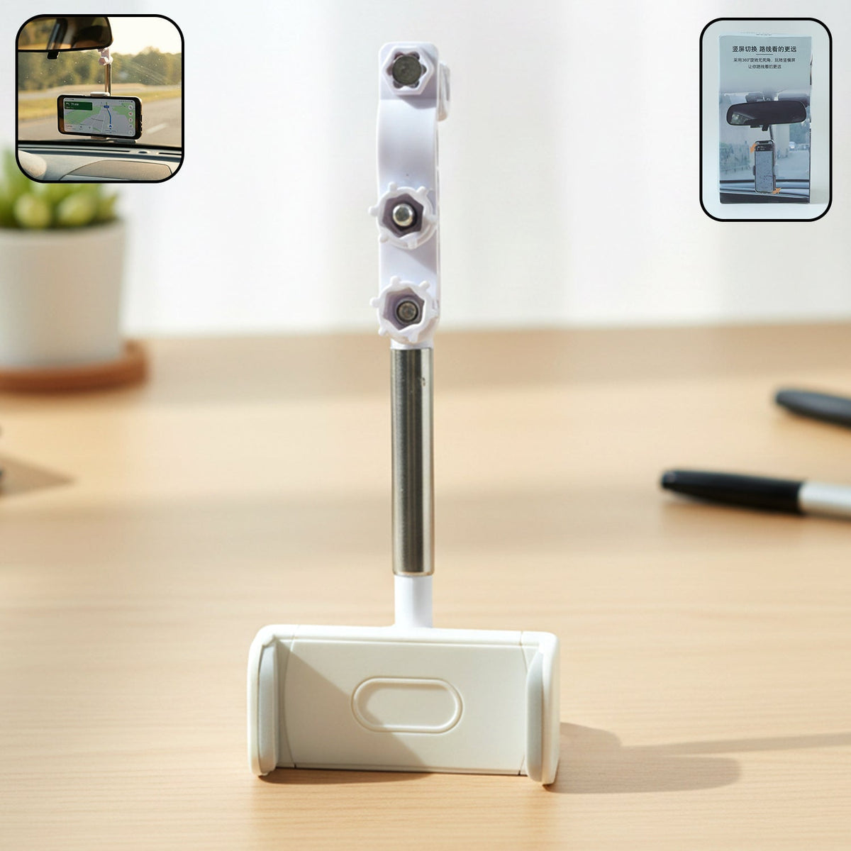 Car phone holder attached to rearview mirror showing adjustable mount Main image