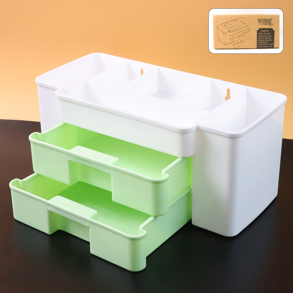 White desktop organizer with two drawers and top compartments on a light background. Main image