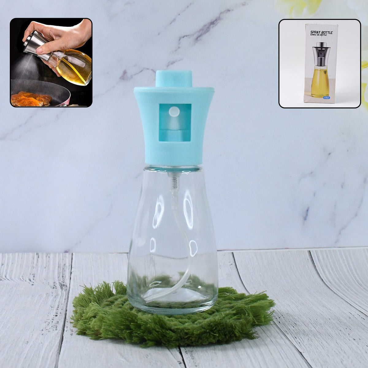 Clear glass 170ml oil sprayer bottle with fine mist nozzle, perfect for healthy cooking. Main image
