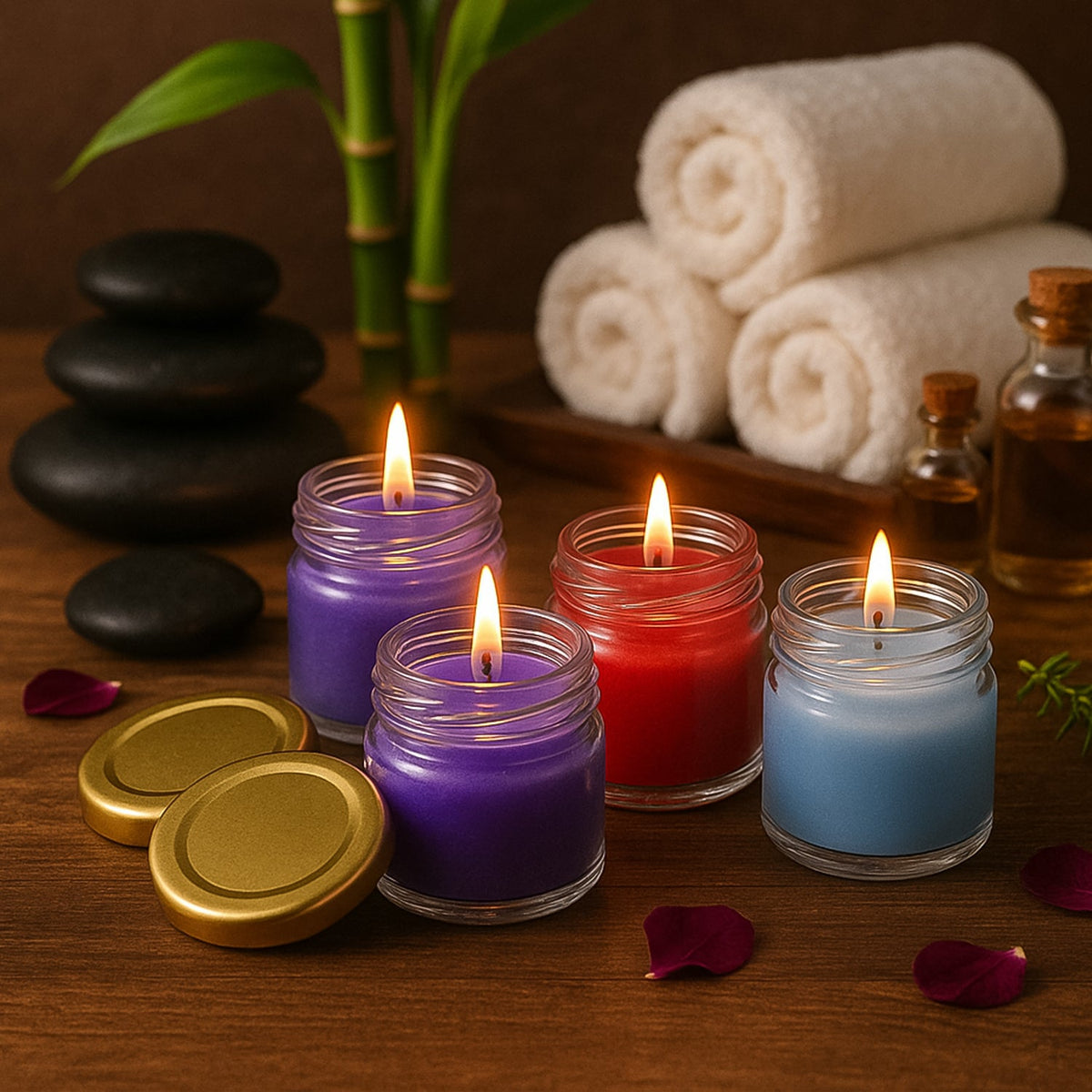 Set of four wax candles in glass jars with gold lids in vibrant colors Main image