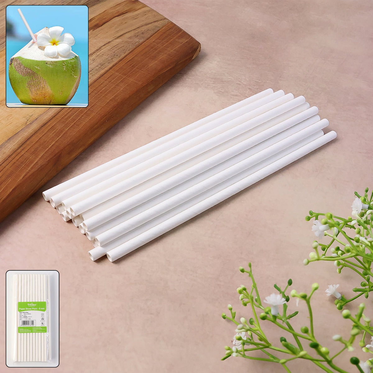 Pack of 50 eco-friendly plain white paper straws, 6mm diameter and 200mm length Main image