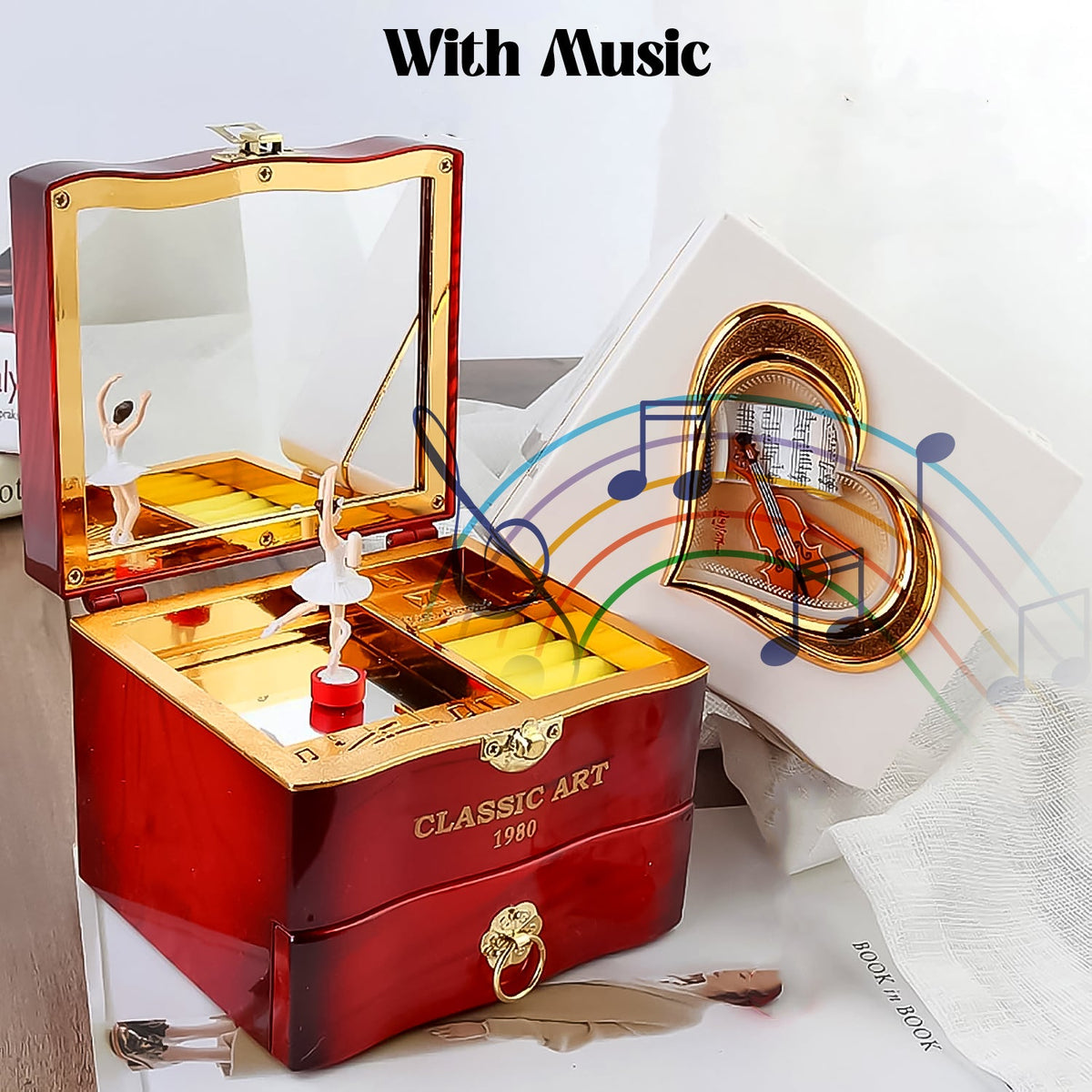 Ballerina Music Box with a hand crank, showcasing its elegant piano-style design. Main image