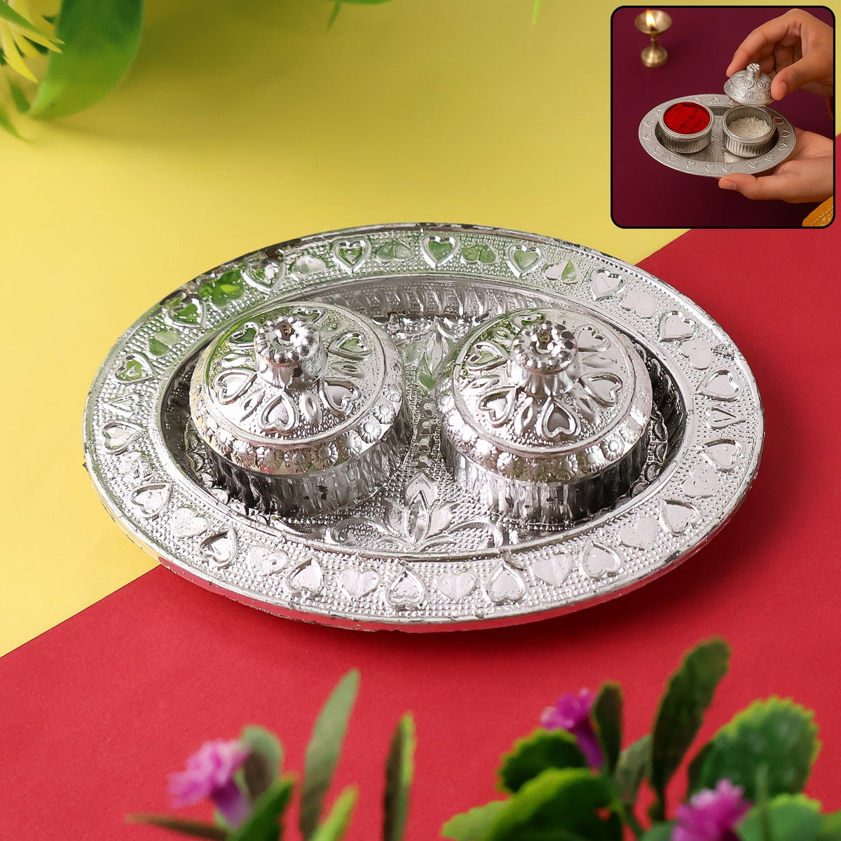 Oval shape puja thali with kumkum holders for traditional rituals Main image