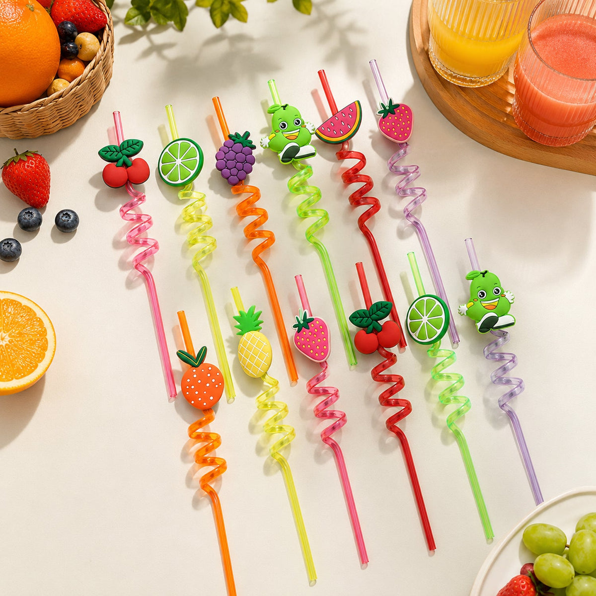 Set of 12 reusable plastic straws featuring vibrant cartoon truck designs. Main image