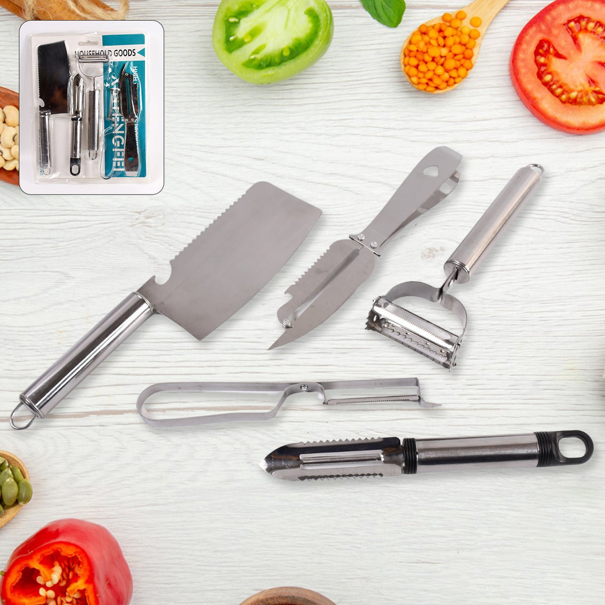 5-piece stainless steel kitchen gadget set featuring peeler, grater, and slicer for effortless food prep Main image