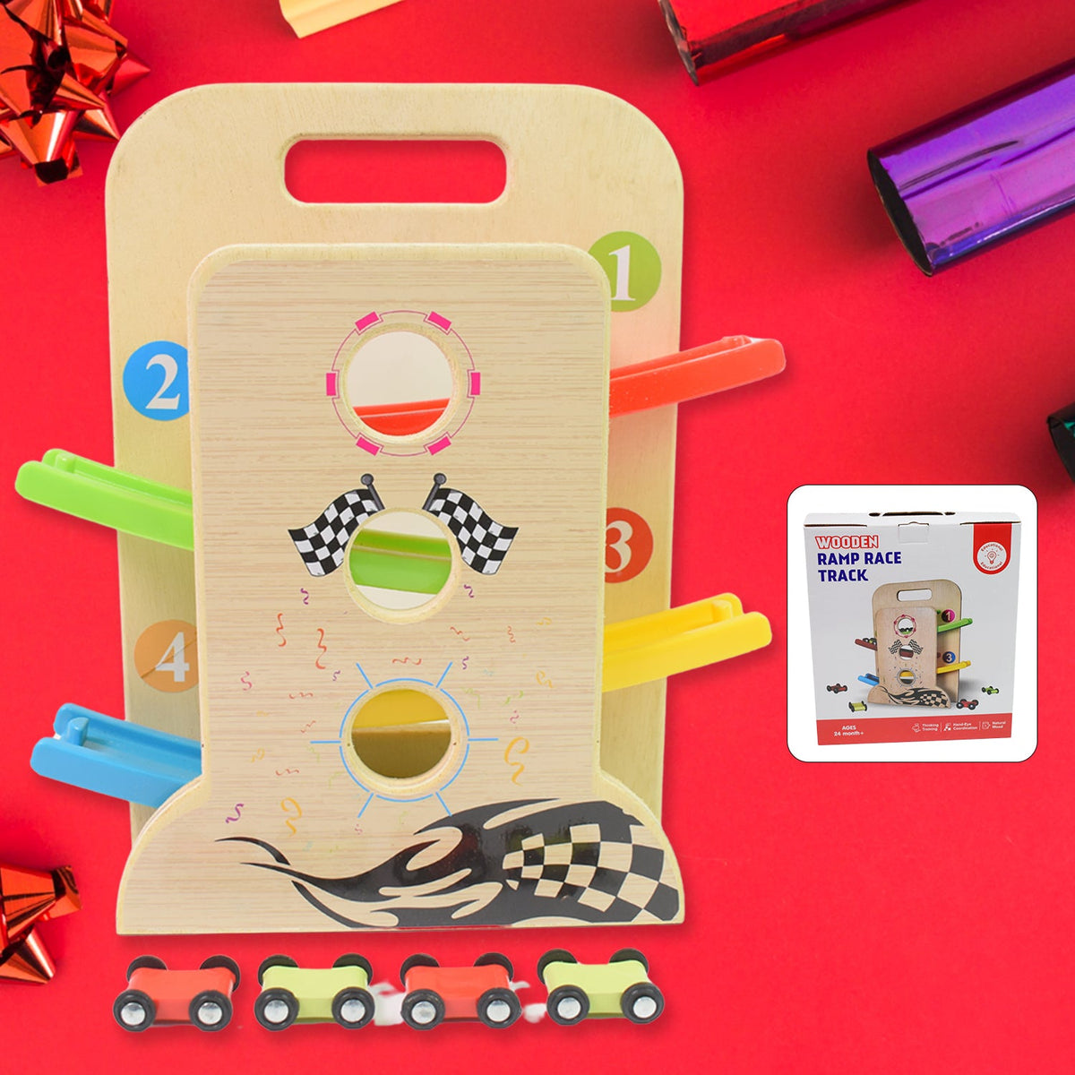Wooden Ramp Racer playset with four vibrant mini cars and convenient handle. Main image