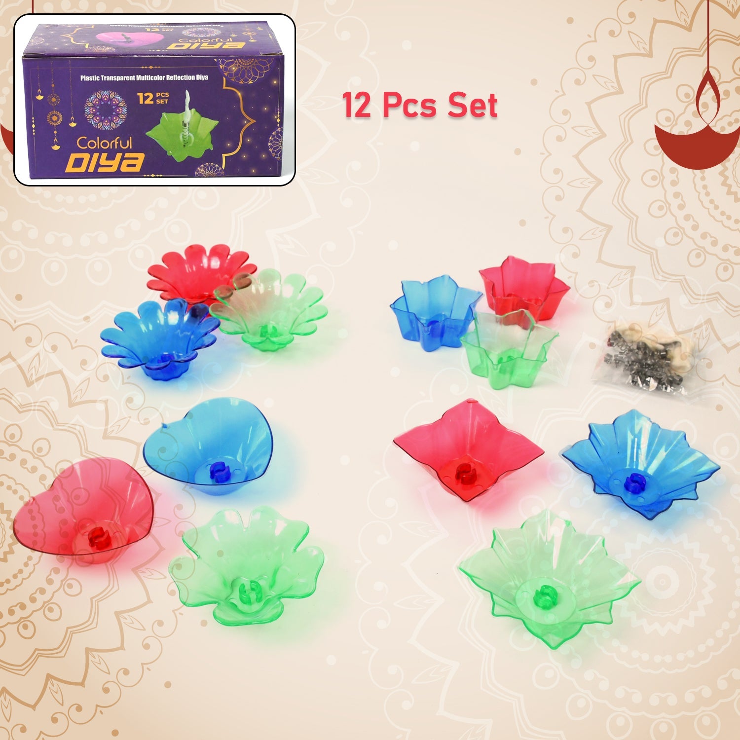 Reflection Diya Set – Colourful Plastic Diyas (12 Pcs) | Indo Glow Secondary image