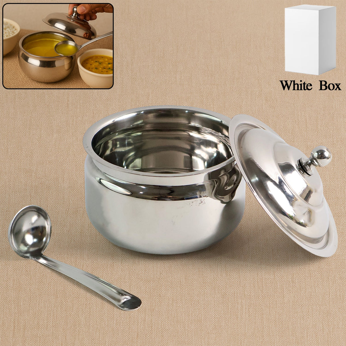 Stainless Steel Ghee Pot with lid and spoon on a white background. Main image