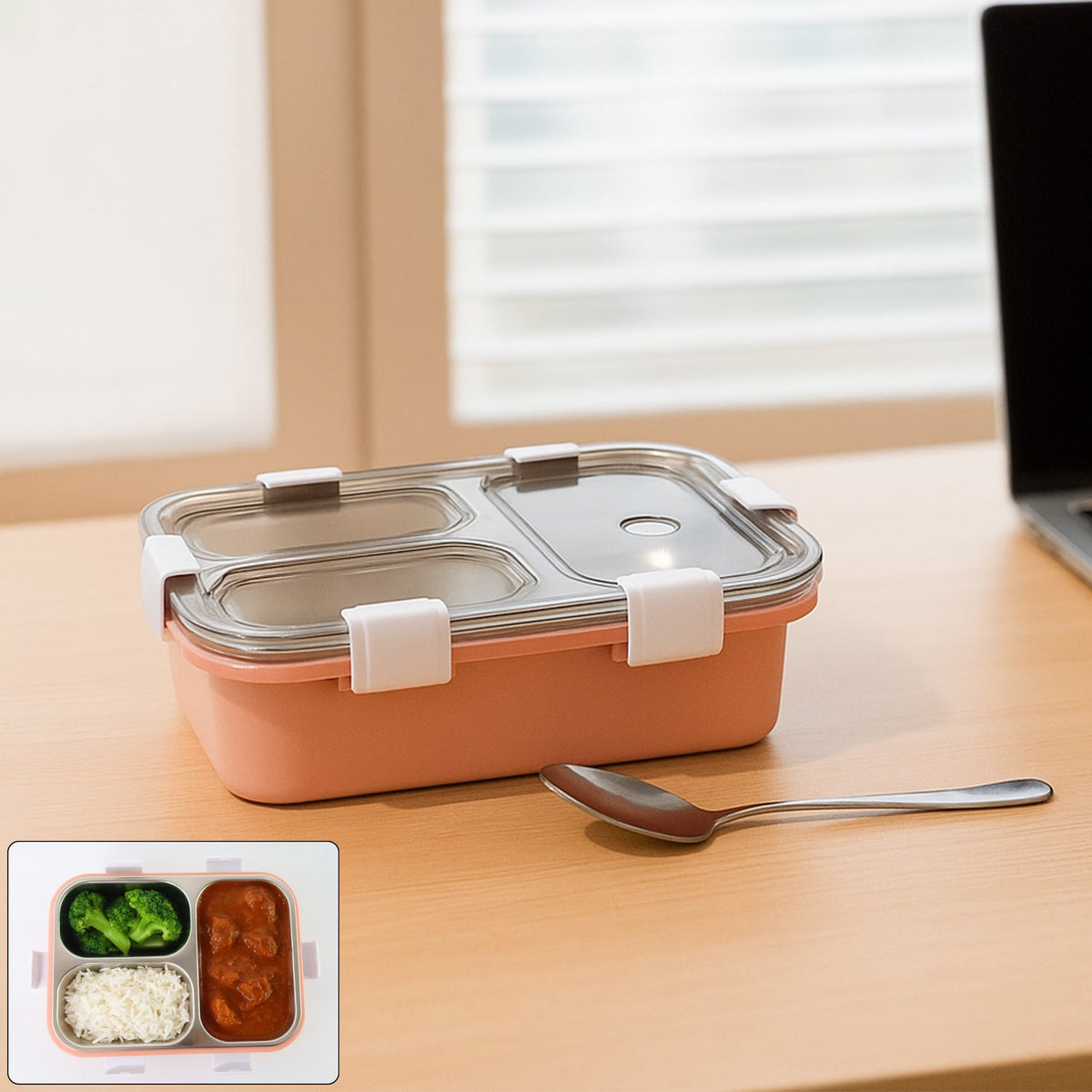 3-Compartment Lunch Box with a transparent lid and secure clips. Main image