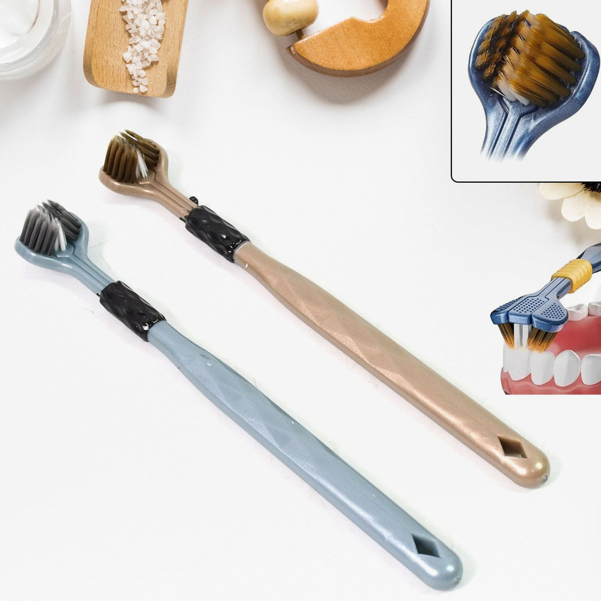 3-Sided Toothbrush with soft bristles, front view, in a set of two. Main image