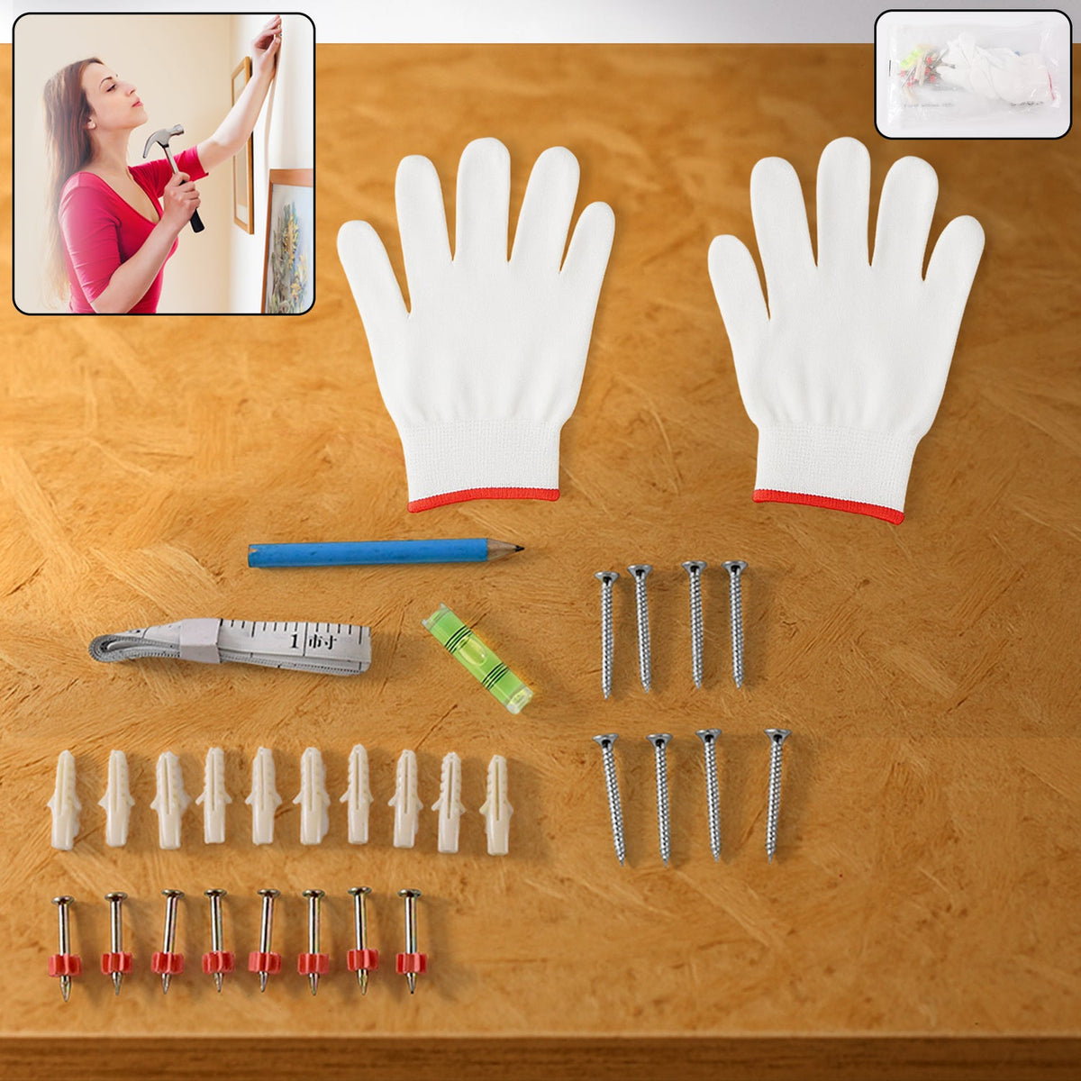 DIY Wall Mounting Kit with safety gloves, screws, spirit level, and measuring tape laid out Main image