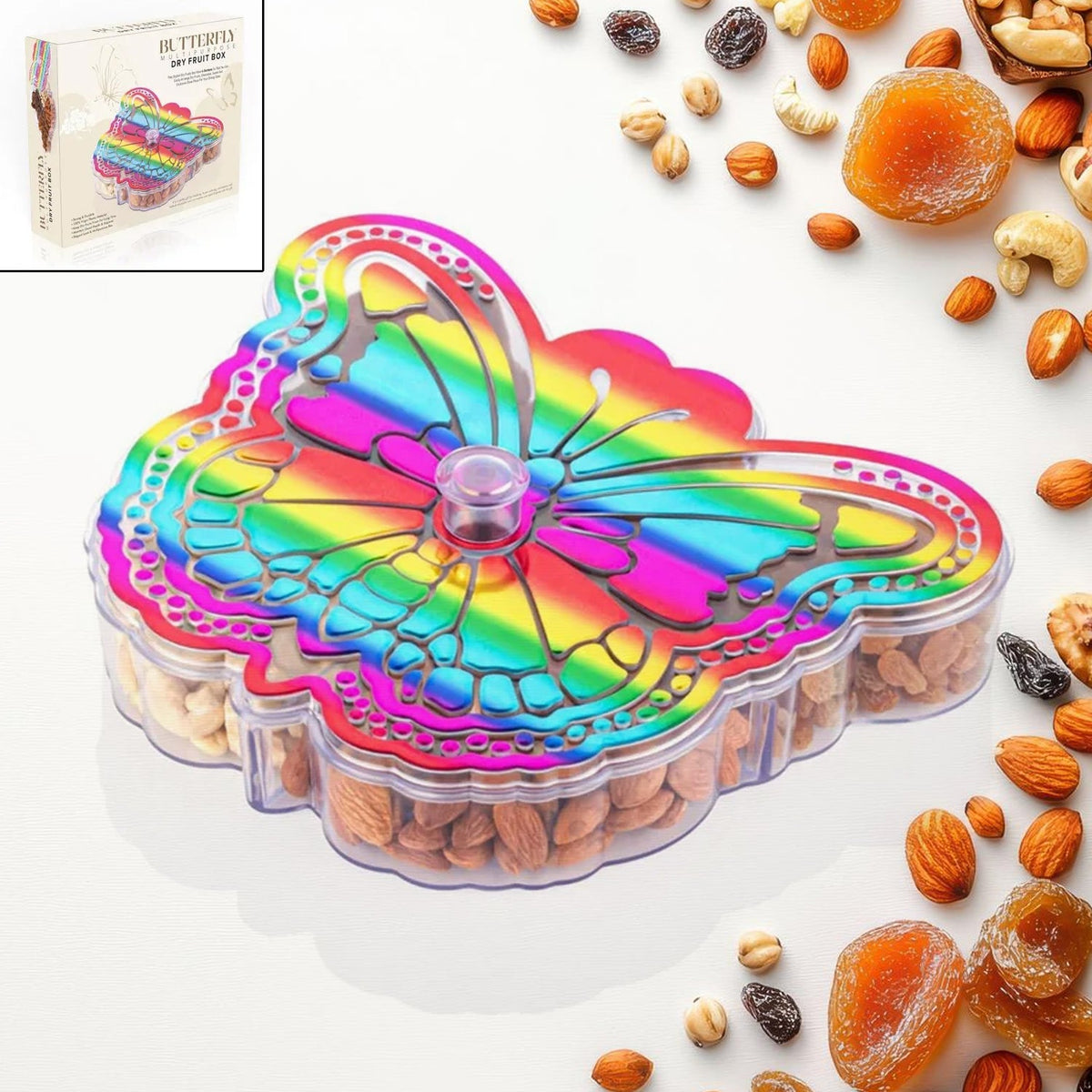 Elegant butterfly dry fruit box with four compartments, perfect for serving snacks. Main image