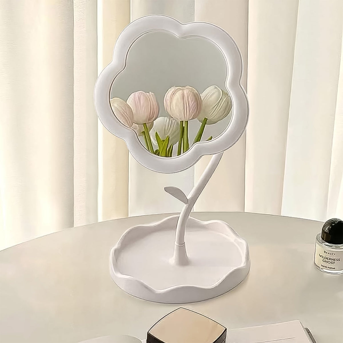 Flower-shaped makeup mirror providing clear reflection with integrated tray for essentials Main image