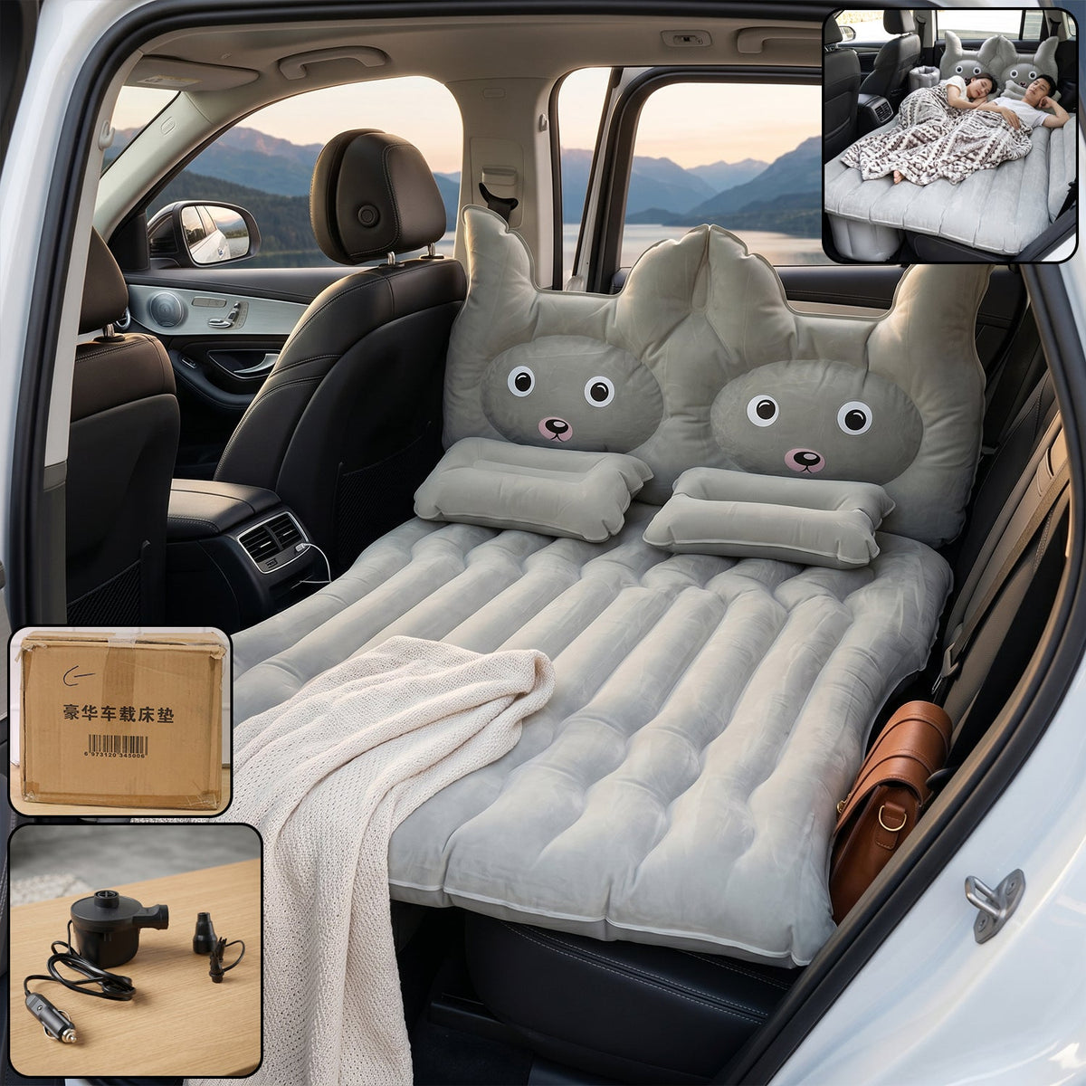 Inflatable car air mattress set with pump and cushions for travel comfort Main image