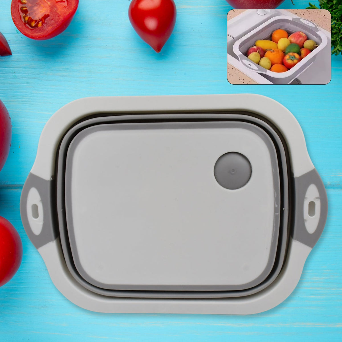 Collapsible cutting board and dish tub in its compact, space-saving design. Main image
