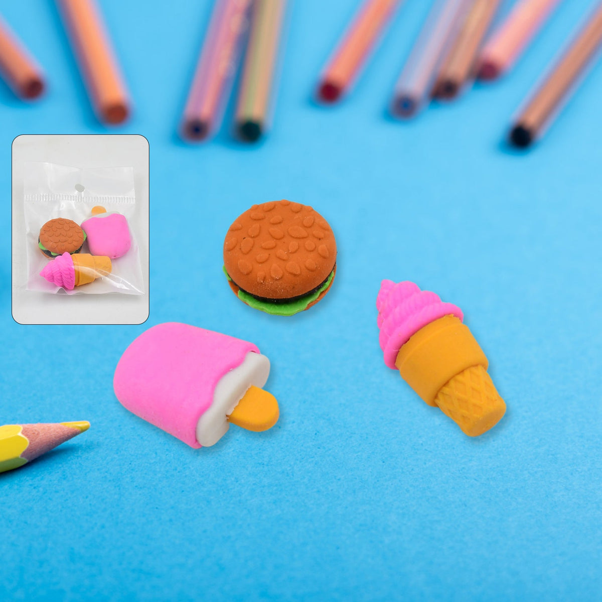 Colourful fancy erasers in a 3-piece set, ideal for kids' school supplies. Main image
