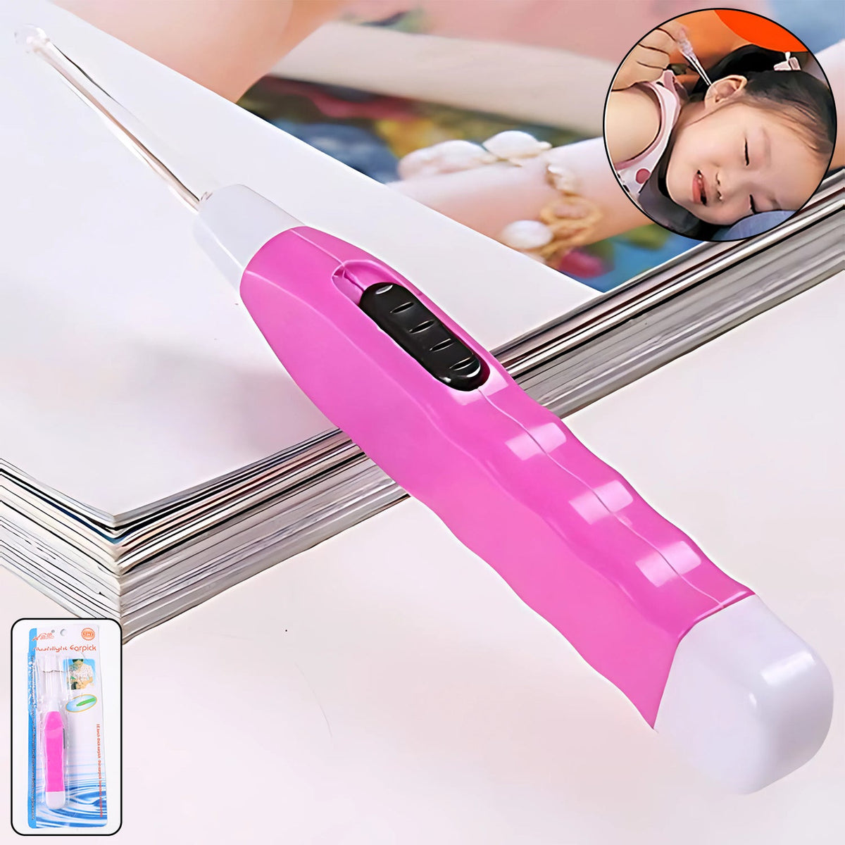 Pink LED ear pick with built-in flashlight showing ear wax remover tool Main image