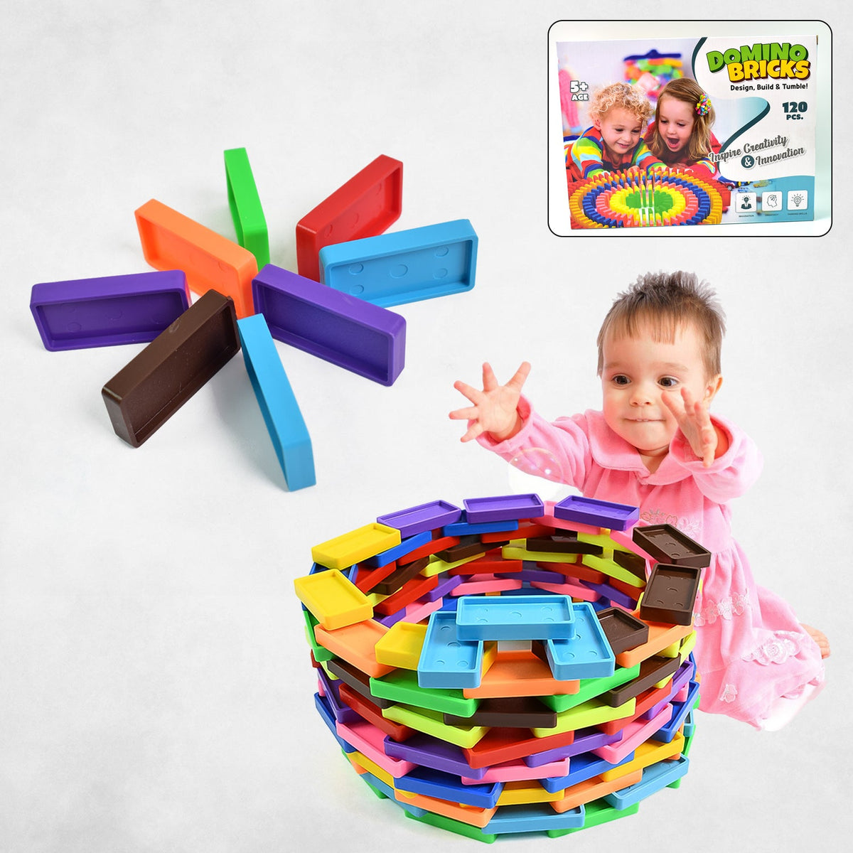 Children arranging colorful wooden domino blocks for a chain reaction game. Main image