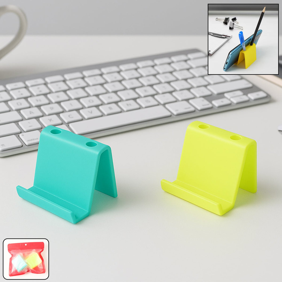 Multifunctional plastic mobile phone stand and pen holder in mix colors on desk Main image
