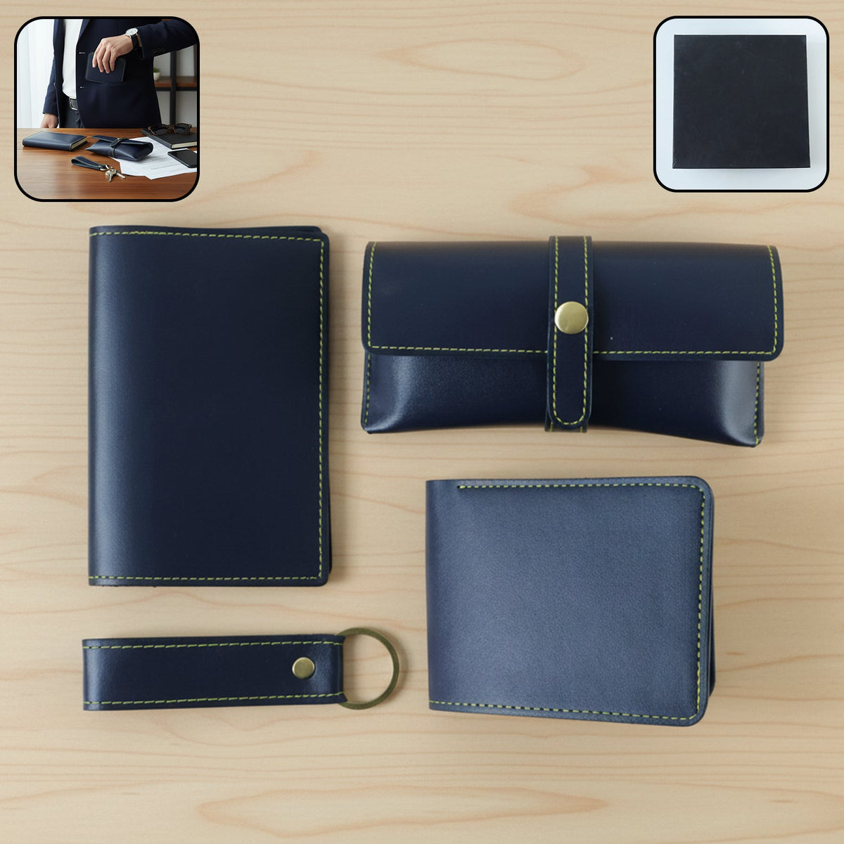 Stylish men's 4-in-1 PU leather wallet gift set showing wallet, keychain, and pouch Main image