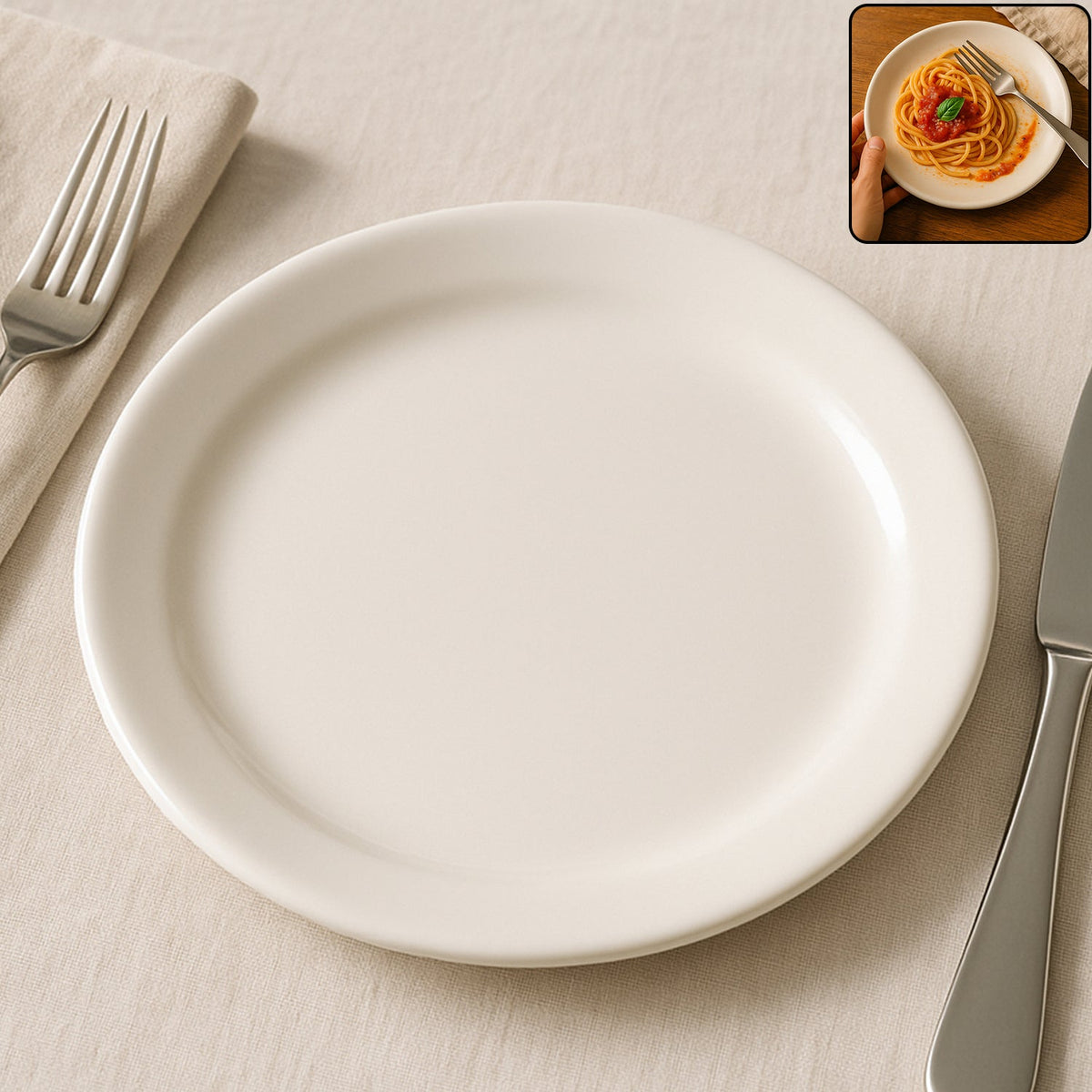 30 cm round dinner plate with glossy white finish on table Main image