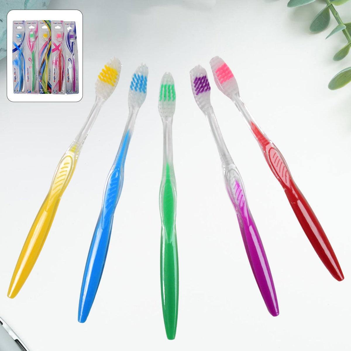 Soft plastic toothbrush in vibrant mixed colours, ideal for daily use. Main image