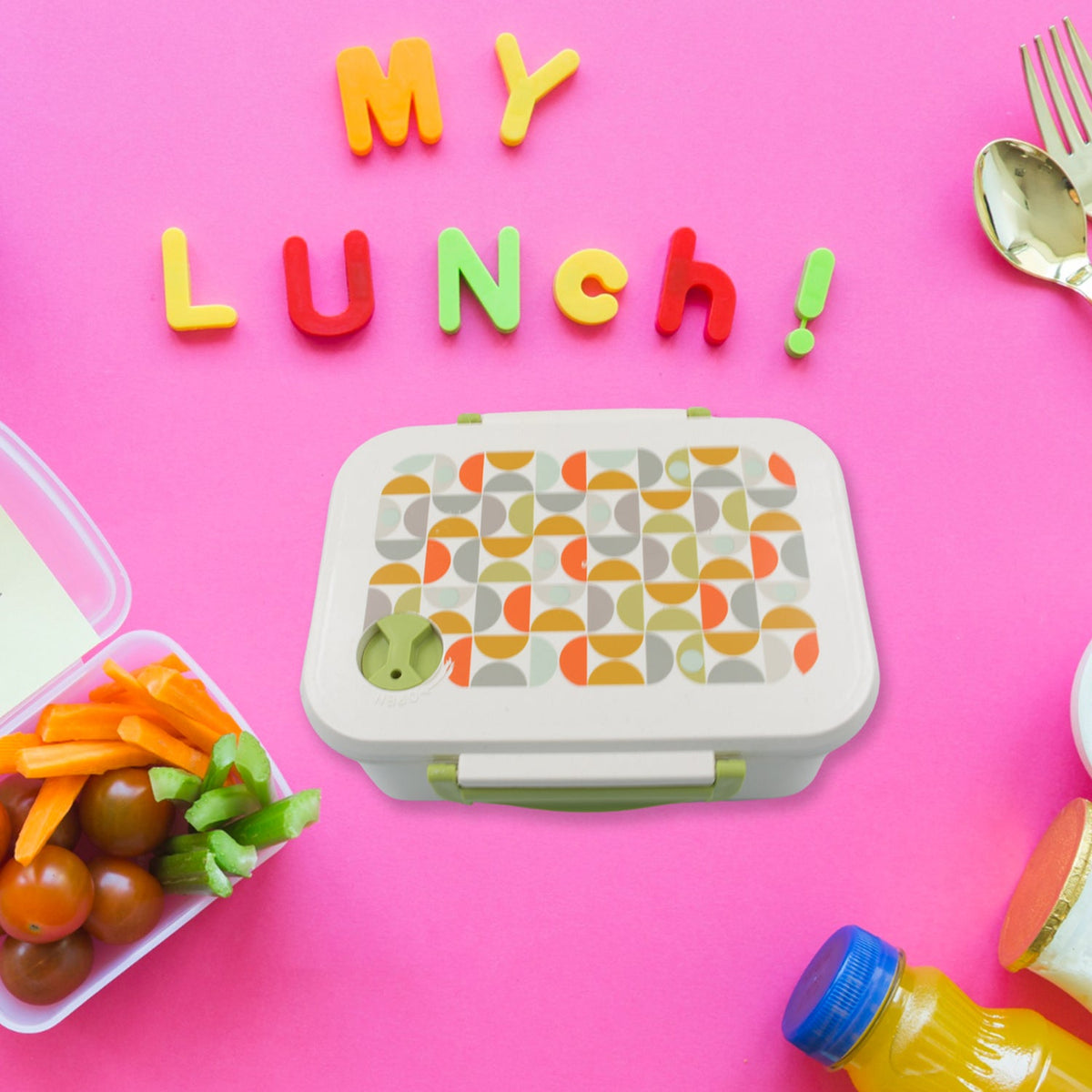 3 compartment lunch box with a secure, leakproof lid and included spoon. Main image