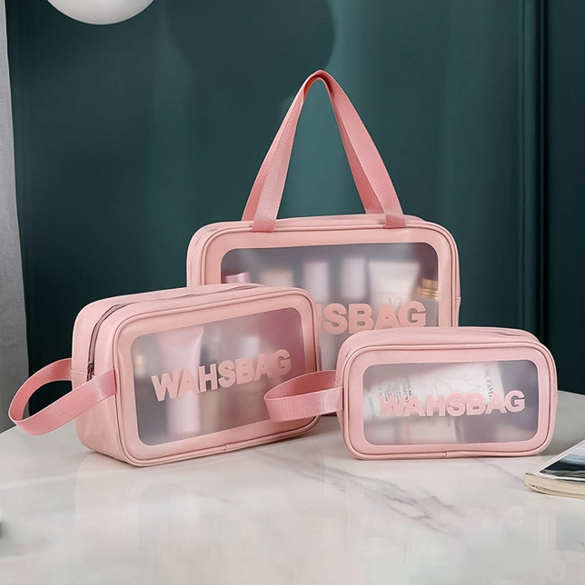 BeautyBare Cosmetic Pouch Set (Set of 3) featuring small, medium, and large waterproof bags. Main image