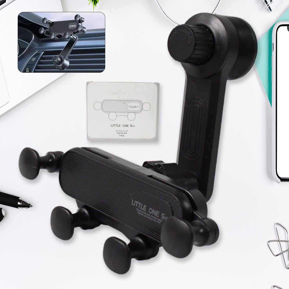 360-degree adjustable car phone holder securely mounted on a vehicle's air vent. Main image
