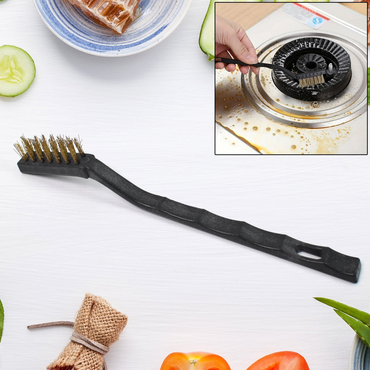 Mini Brass Wire Brush for cleaning and rust removal, held against a white background. Main image