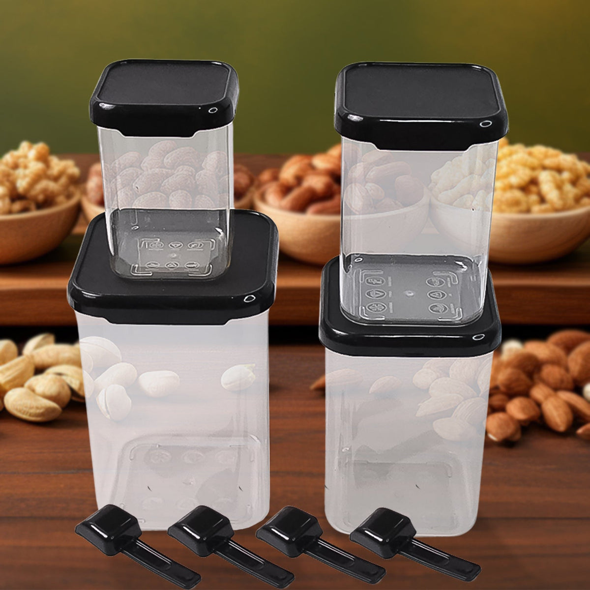 Set of 4 air tight plastic food storage containers with spoon and white lids Main image