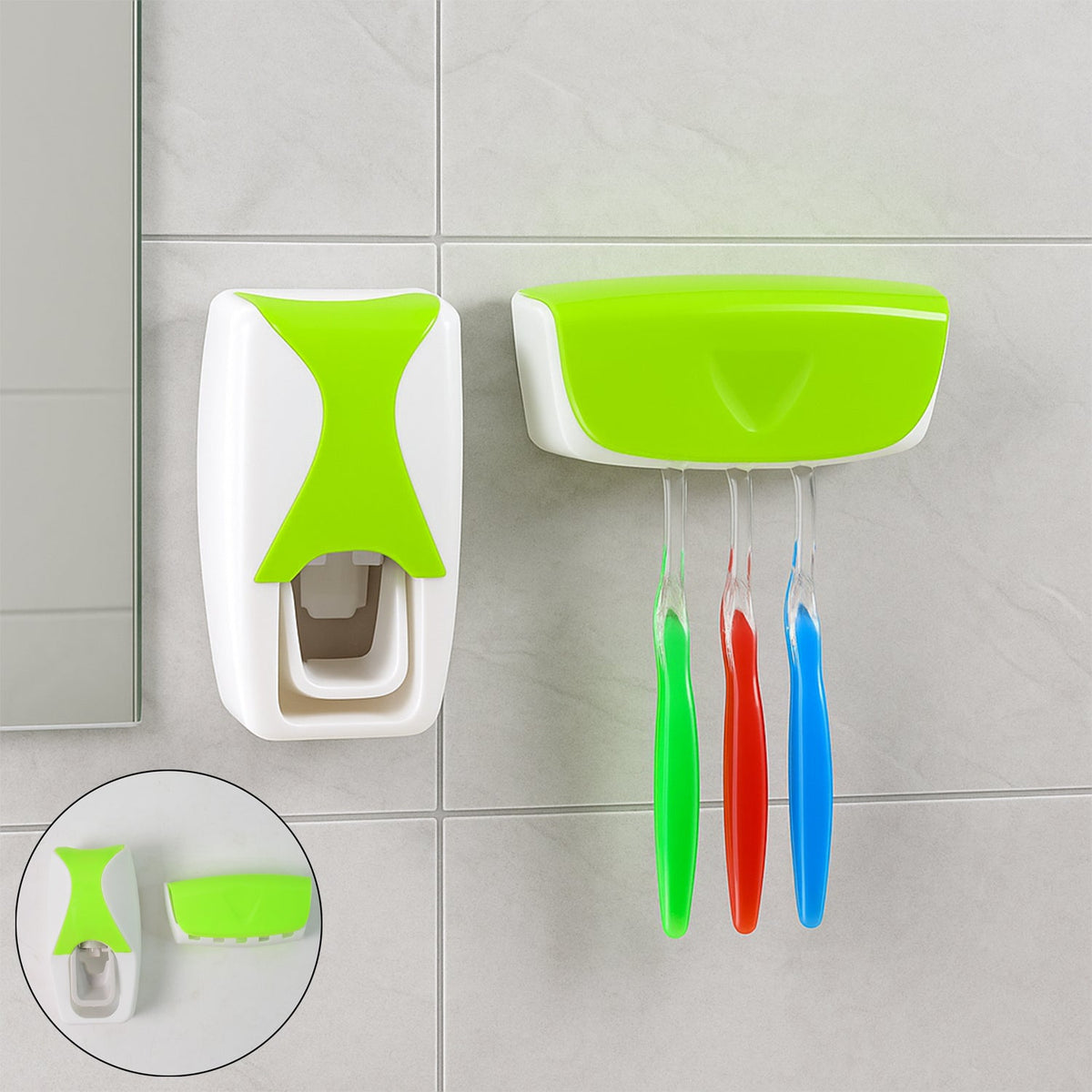 Automatic toothpaste dispenser with integrated toothbrush holder mounted on a bathroom wall. Main image
