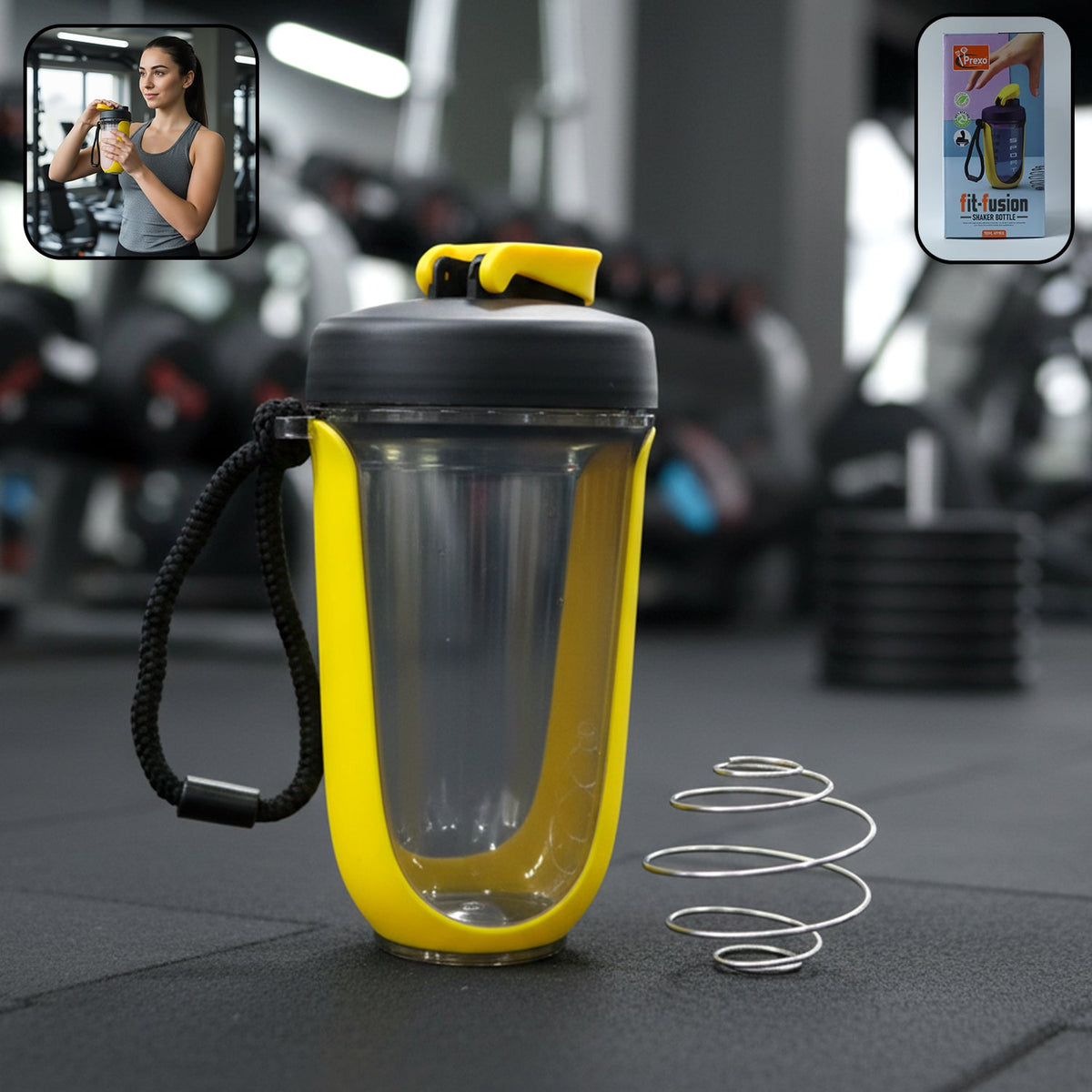 Yellow plastic shaker bottle with handle and whisk ball for smooth protein drinks Main image