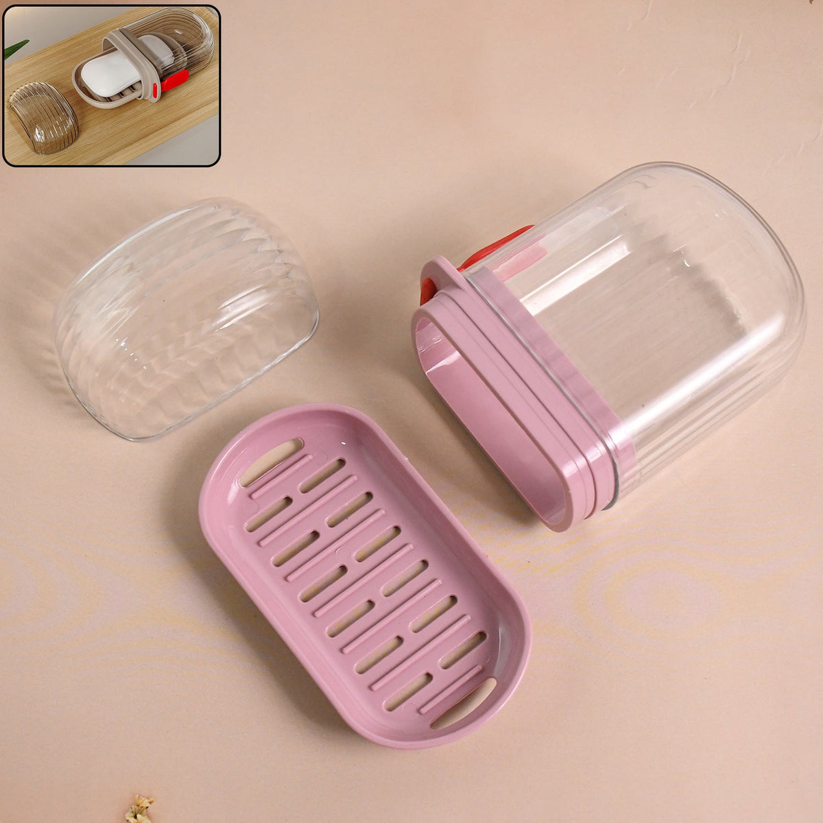 Plastic soap dish with transparent dust-proof lid and pink base showing multipurpose design Main image