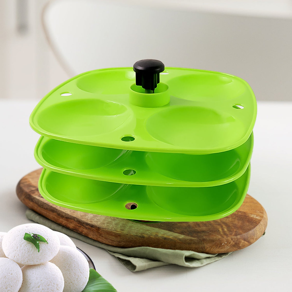 Front view of the 3 Layer Idli Stand, ready for easy idli making. Main image