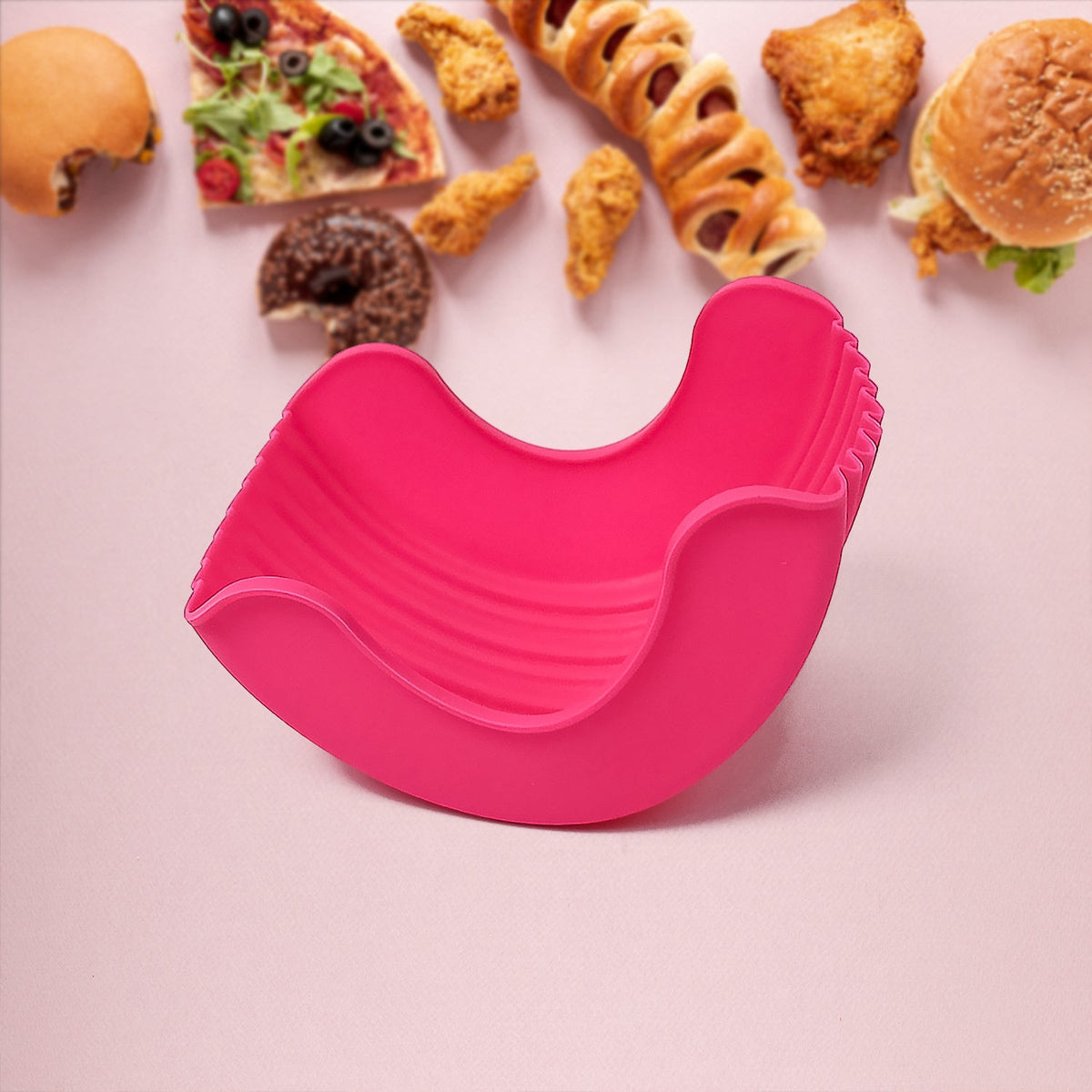 Silicone Burger Holder in use, keeping a hamburger neat. Main image