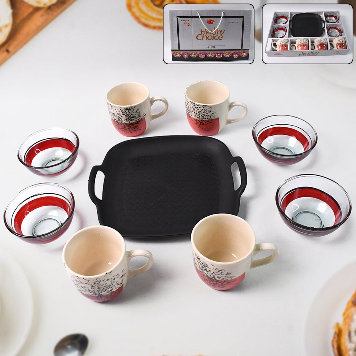 Ceramic cup and glass bowl set with plastic plate on table Main image