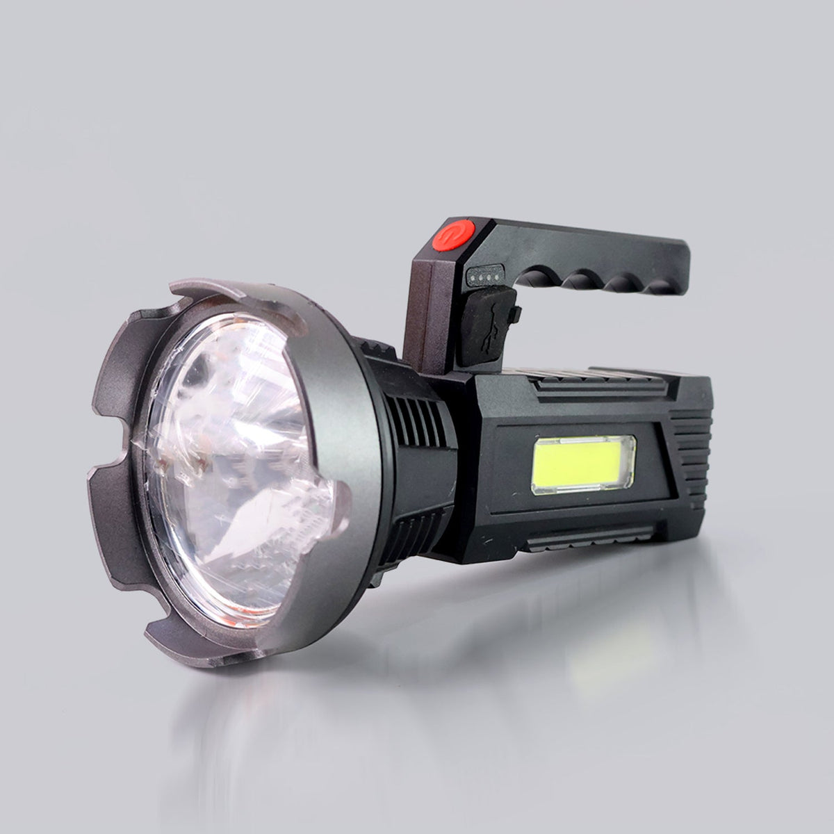 Rechargeable USB LED hand torch featuring front LED beam and COB side light Main image