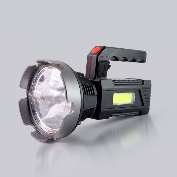Rechargeable USB LED hand torch featuring front LED beam and COB side light