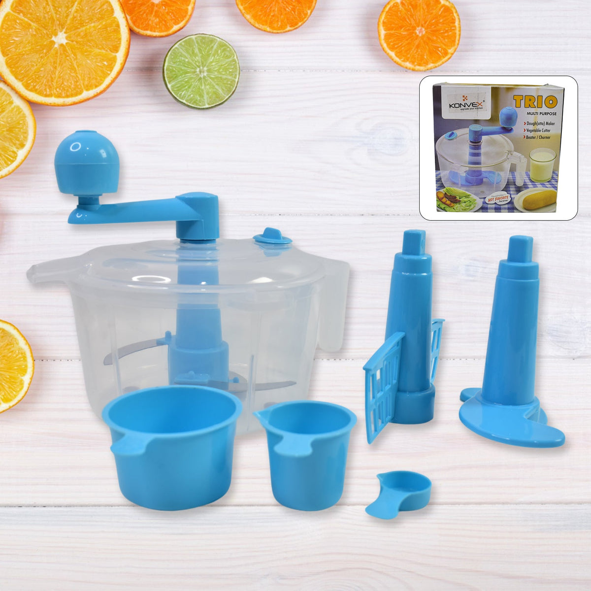 Konvex manual atta maker machine with measuring cups, ready for use on a kitchen counter. Main image