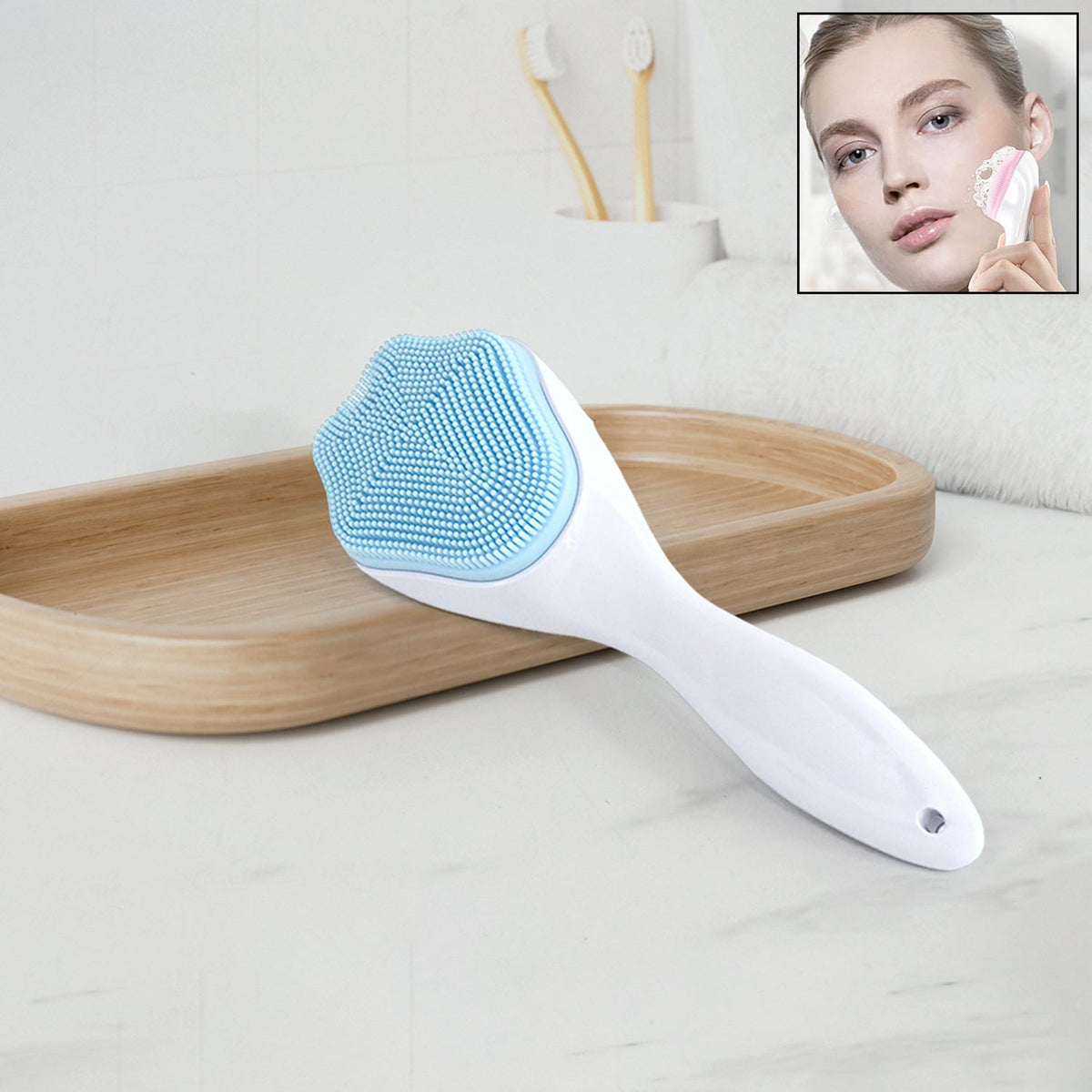 AuriGlam Silicone Face Scrubber in black, showing soft bristles and ergonomic design. Main image