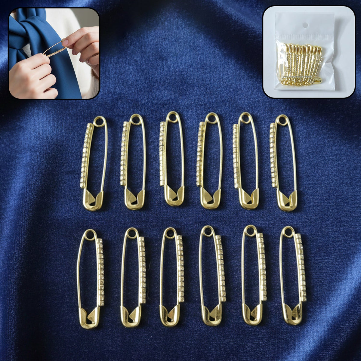 Set of golden safety pin brooches with embedded stones for shawls and scarves Main image