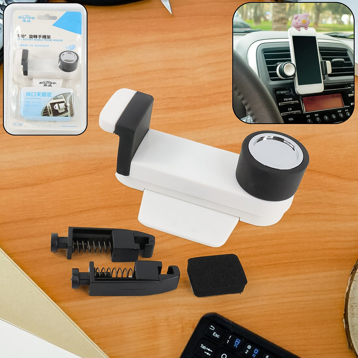 White 180 degree rotating car phone holder mounted on ventilation blade Main image