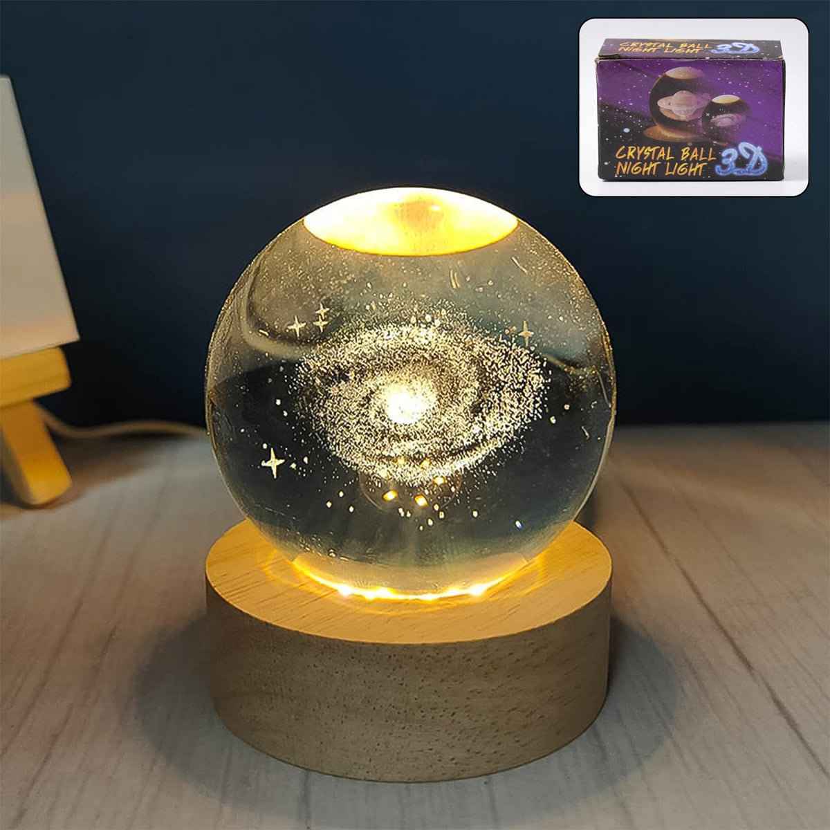 Illuminated 3D Crystal Ball Lamp featuring intricate 3D engravings. Main image