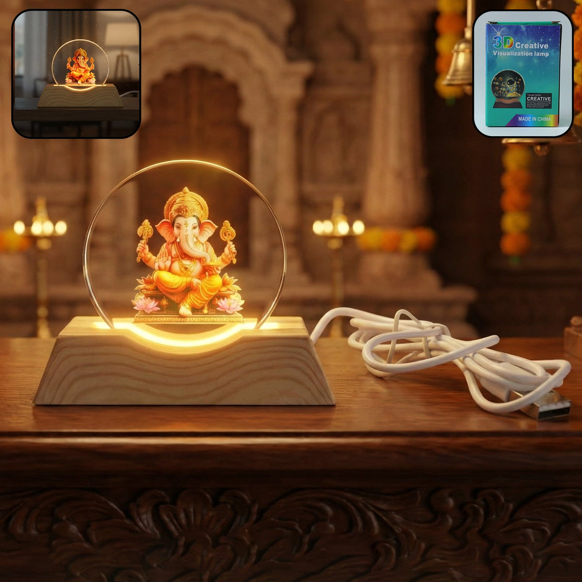 3D Lord Ganesha acrylic LED night lamp with wooden base on table Main image
