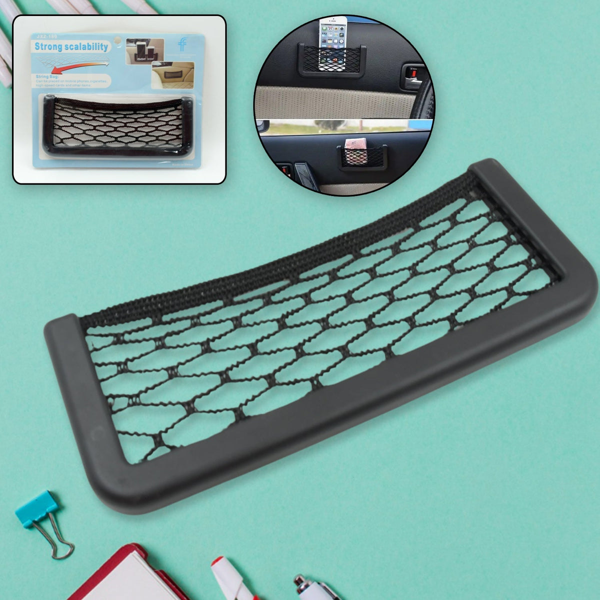 Car seat organizer mesh attached to the side of a car seat, holding a phone. Main image
