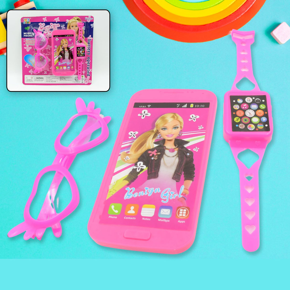 A Barbie musical phone play set featuring a pink toy phone, watch, and glasses on a white background. Main image