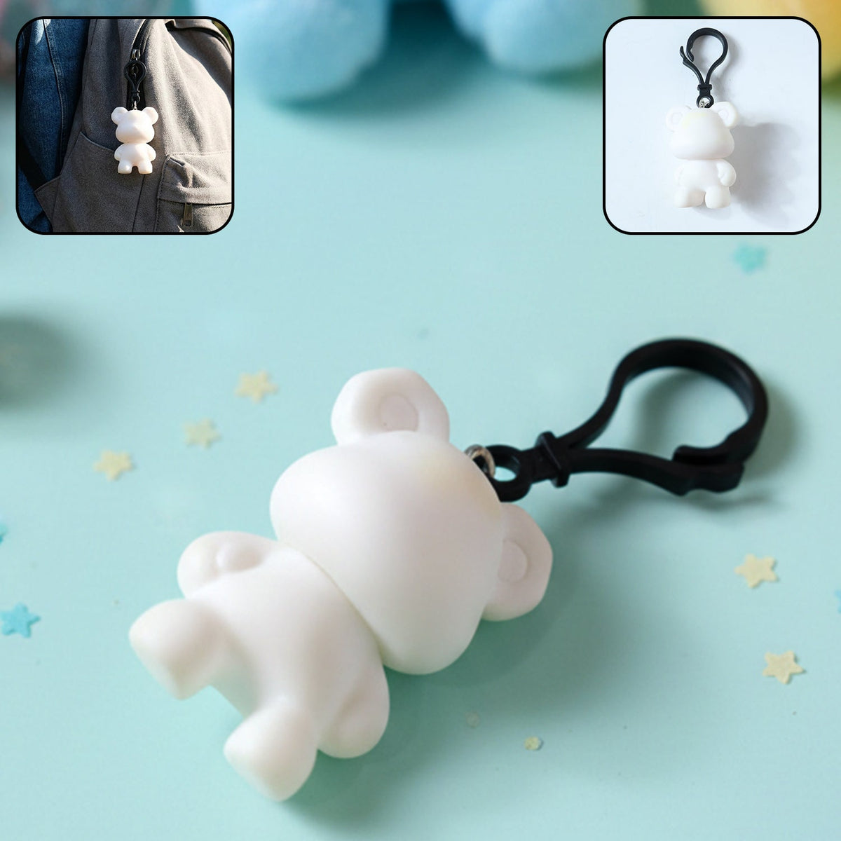 Close-up of bear figure keychain with clip hook attached to backpack strap Main image