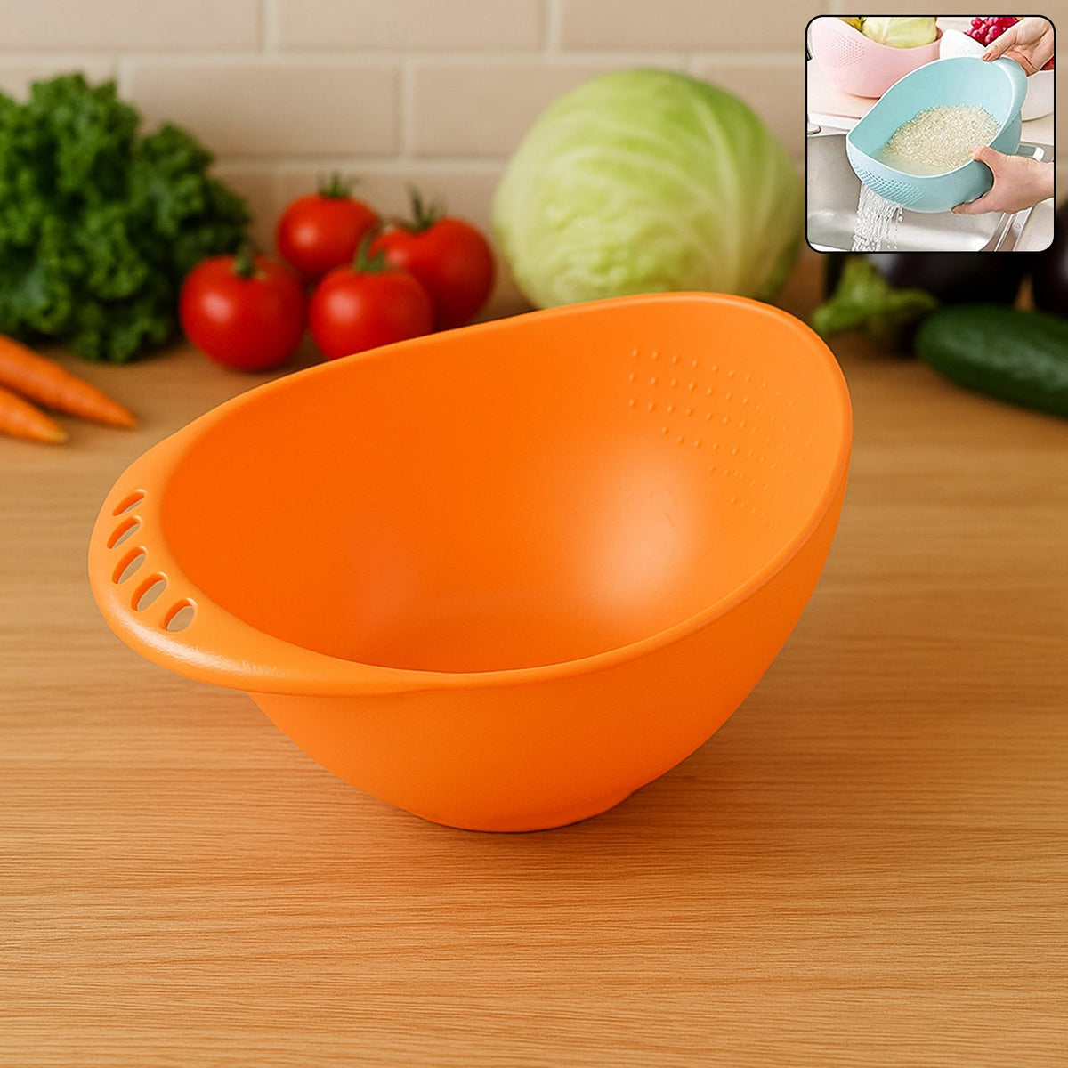 Top view of a versatile plastic rice washing bowl, ready for use. Main image